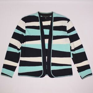 Ming Wang Light Blue Teal White Black Striped Cardigan Women Size M (B6)